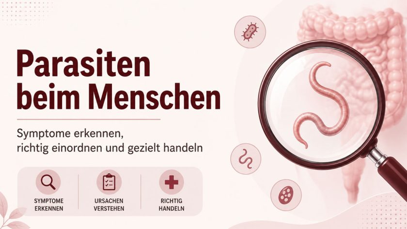 Parasiten beim Menschen: Illustration mit Darm, Lupe, Wurmparasiten und Symbolen zu Symptomen, Ursachen und richtigem Handeln