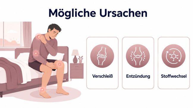 Illustration eines Mannes am Morgen mit markierten schmerzenden Gelenken neben drei Symbolkarten
