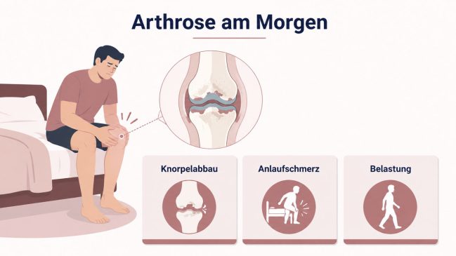 Illustration eines Mannes auf der Bettkante mit schmerzendem Knie und vergrößertem Kniegelenk
