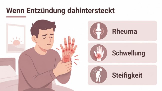 Illustration eines Mannes mit geröteter schmerzender Hand neben Symbolen für Rheuma und Schwellung