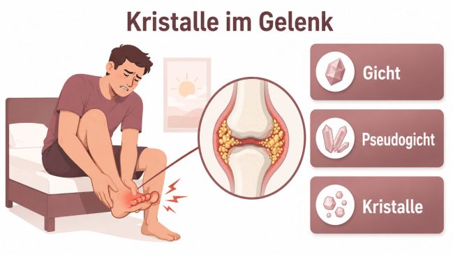 Illustration eines Mannes mit schmerzendem Fuß und Kristallen in einem vergrößerten Gelenk