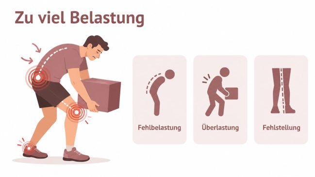 Illustration eines Mannes beim Heben einer Kiste mit markierten Schmerzen an Rücken, Knie und Fuß