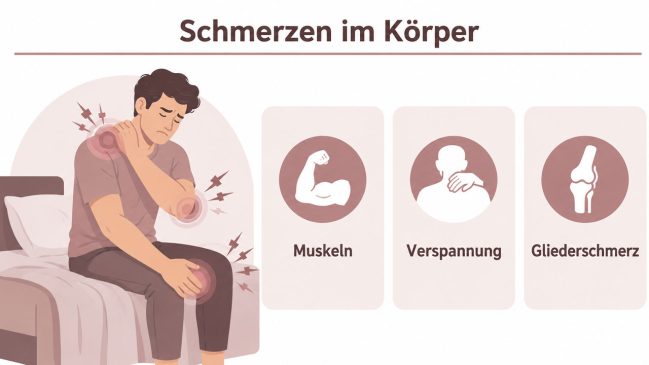 Illustration eines Mannes auf der Bettkante mit markierten Schmerzen an Schulter, Arm und Knie