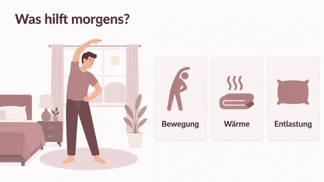 Illustration eines Mannes beim morgendlichen Dehnen neben Symbolkarten für Bewegung, Wärme und Entlastung