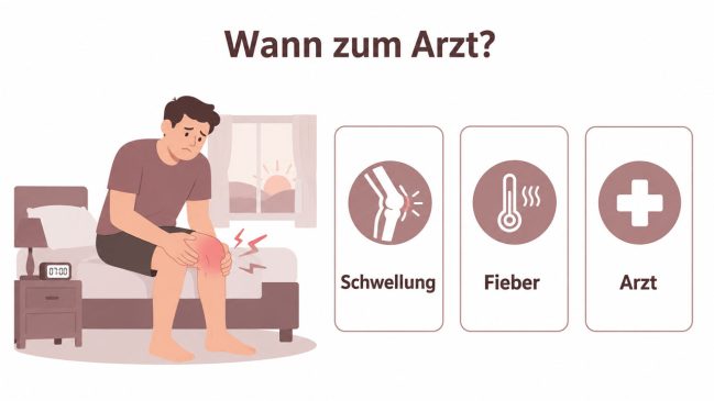 Illustration eines Mannes mit schmerzendem Knie neben Symbolen für Schwellung, Fieber und Arztbesuch