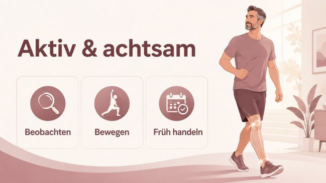 Illustration eines aktiven Mannes beim Gehen neben Symbolkarten für Beobachten, Bewegen und frühes Handeln