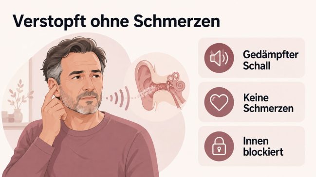 Mann berührt sein Ohr neben einem anatomischen Ohrschnitt mit Schallwellen