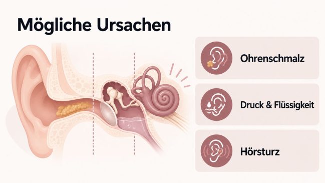 Anatomischer Ohrschnitt mit Ohrenschmalz, Flüssigkeit im Mittelohr und markierter Hörschnecke