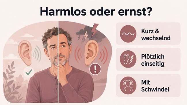Geteilte Illustration mit Mann in der Mitte, ruhigem Ohr links und Warnbereich rechts