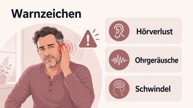 Mann hält sich ein gerötetes Ohr, daneben stehen ein Warnsymbol und große Beschwerdesymbole