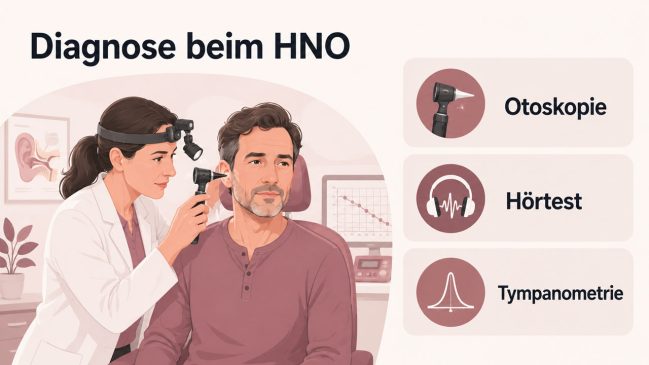 HNO-Ärztin untersucht mit einem Otoskop das Ohr eines sitzenden Mannes