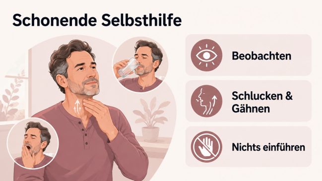 Mann berührt seinen Hals, daneben sind kleine Szenen mit Trinken und Gähnen zu sehen