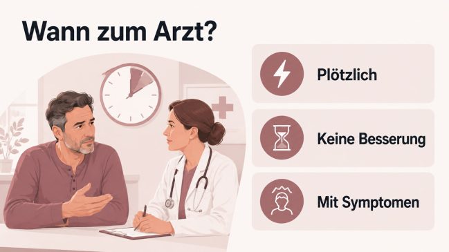 Mann spricht in einer Arztpraxis mit einer Ärztin, im Hintergrund ist eine Uhr zu sehen