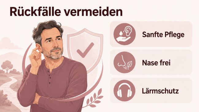 Mann berührt sein Ohr vor einem Schutzschild, daneben stehen Symbole für Pflege, Nase und Gehörschutz