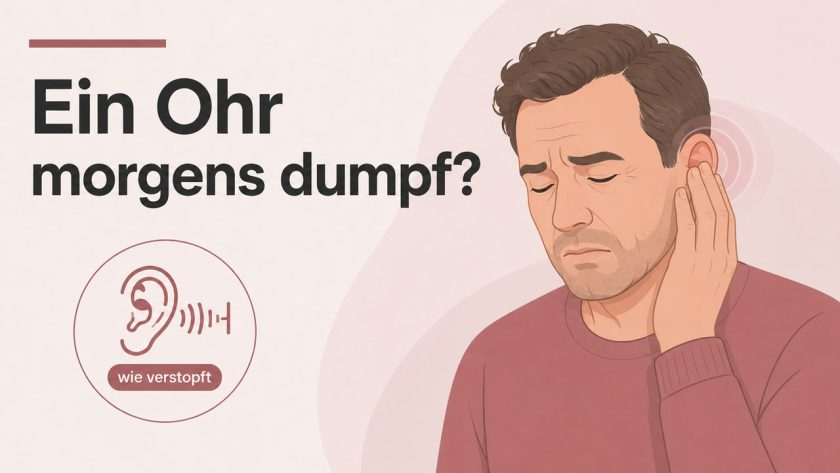 Mann hält sich ein Ohr, daneben ist ein rundes Ohrsymbol mit Schallwellen zu sehen