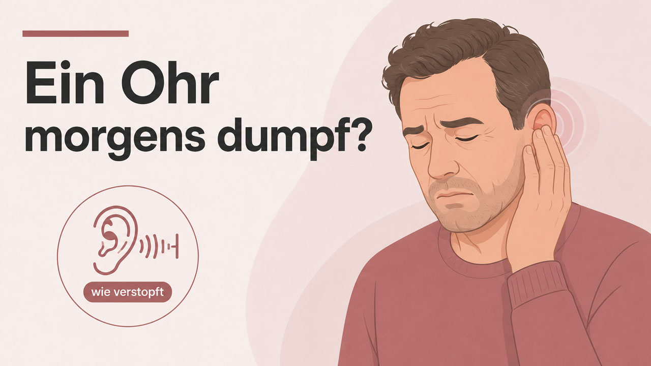 Mann hält sich ein Ohr, daneben ist ein rundes Ohrsymbol mit Schallwellen zu sehen