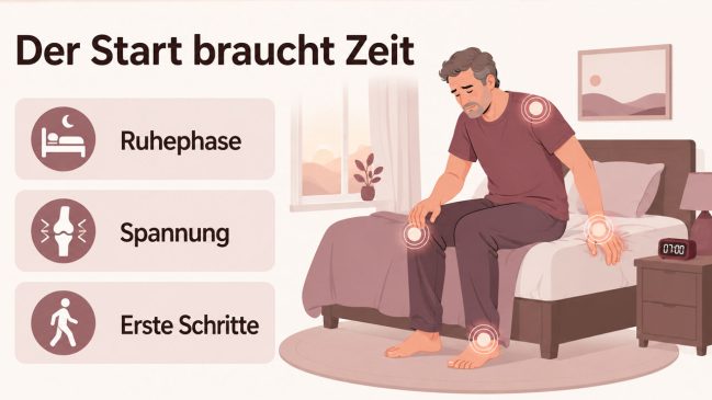 Mann sitzt morgens auf dem Bett mit markierten Gelenken