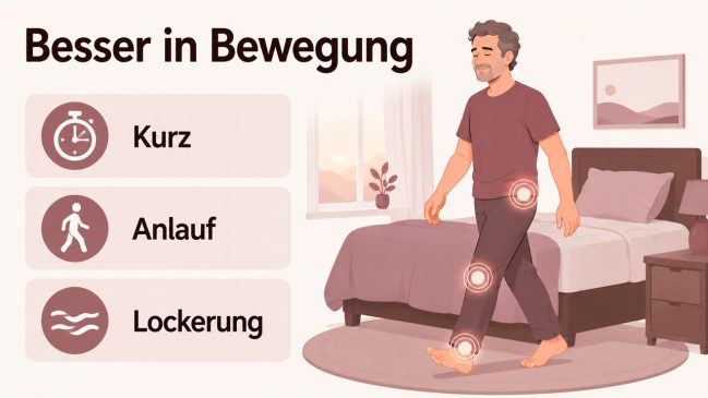 Mann geht morgens im Schlafzimmer mit markierten Gelenken