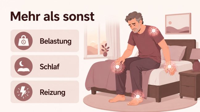 Mann sitzt morgens auf dem Bett mit hervorgehobenen Schmerzpunkten