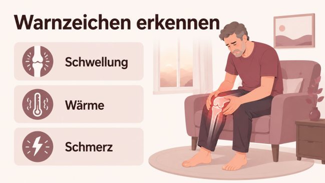 Mann hält ein schmerzendes Knie mit hervorgehobener Gelenkstelle