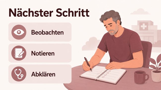 Mann schreibt Notizen neben Symbolen für Beobachtung und Abklärung