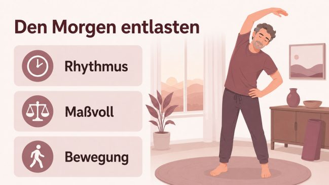 Mann dehnt sich morgens neben Symbolen für Rhythmus und Bewegung