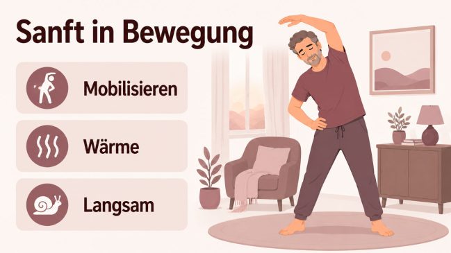 Mann macht morgens eine leichte Dehnübung im Zimmer
