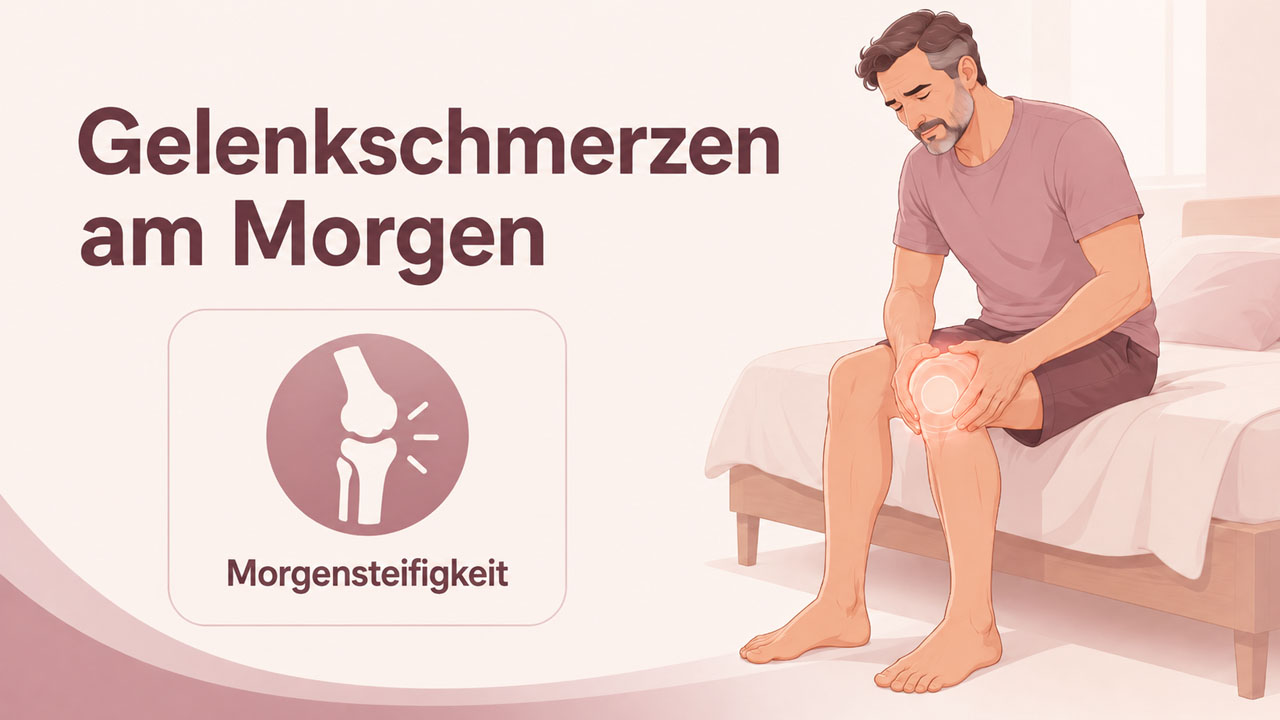 Illustration eines Mannes mit Gelenkschmerzen am Morgen, der auf dem Bett sitzt und sein schmerzendes Knie hält