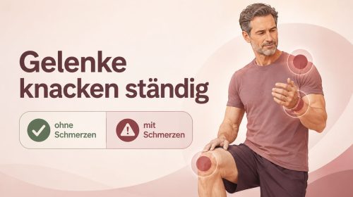 Illustration eines Mannes mit markierten Schulter-, Hand- und Kniegelenken zum Thema ständig knackende Gelenke