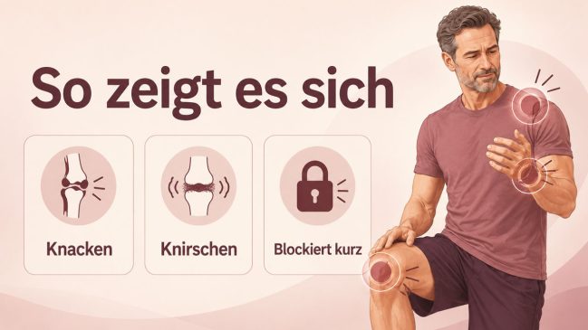 Mann mit markierten Schulter-, Hand- und Kniegelenken neben Karten zu Knacken, Knirschen und Blockieren