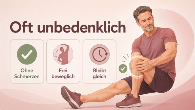 Sitzender Mann mit grün markiertem Knie neben Karten zu Schmerzfreiheit, Beweglichkeit und stabilem Verlauf