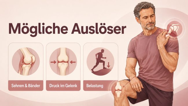 Mann mit Schulter- und Knie-Markierungen neben Karten zu Sehnen, Gelenkdruck und Belastung