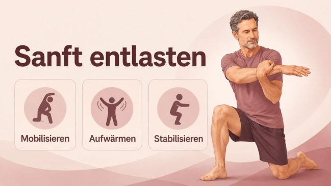 Mann in kniender Dehnposition neben Karten zu Mobilisieren, Aufwärmen und Stabilisieren