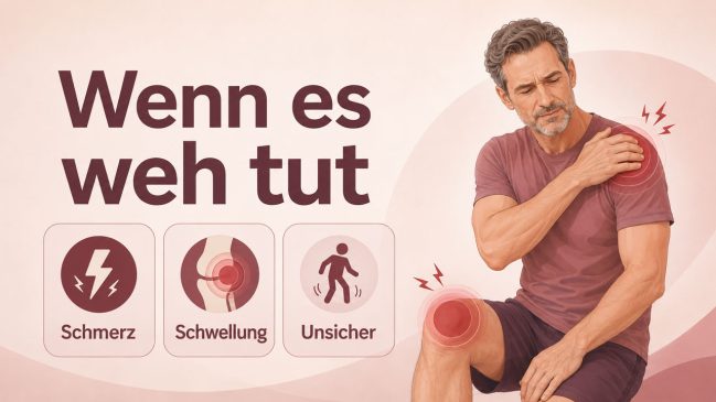 Mann mit rot markierter Schulter und Knie neben Karten zu Schmerz, Schwellung und Unsicherheit