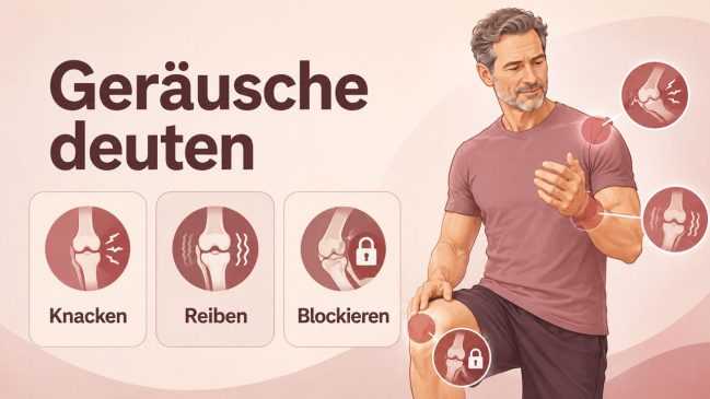 Mann mit Gelenk-Callouts an Schulter, Arm und Knie neben Karten zu Knacken, Reiben und Blockieren