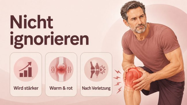 Mann hält ein rot markiertes Knie neben Karten zu zunehmenden Beschwerden, Wärme, Rötung und Verletzung