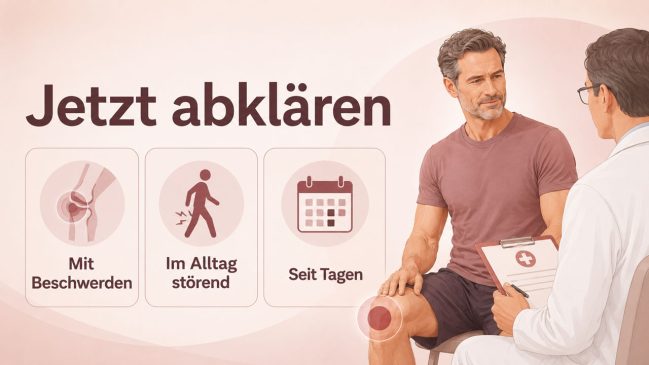 Mann im Arztgespräch mit markiertem Knie neben Karten zu Beschwerden, Alltag und Beschwerdedauer