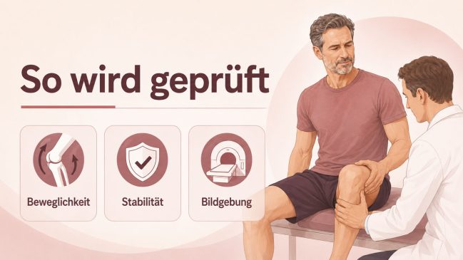 Arzt untersucht das Knie eines Mannes neben Karten zu Beweglichkeit, Stabilität und Bildgebung