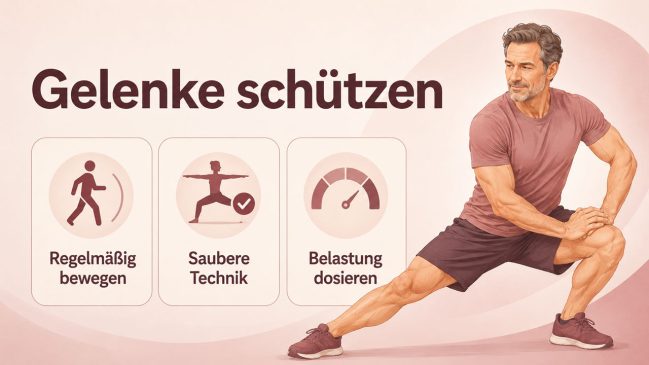 Mann in seitlicher Dehnposition neben Karten zu Bewegung, Technik und dosierter Belastung