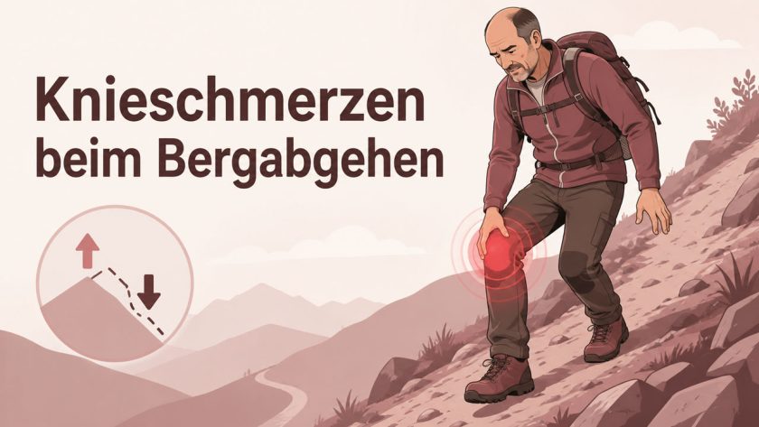 Grafische Illustration eines Mannes mit Knieschmerzen beim Bergabgehen auf einem Bergweg