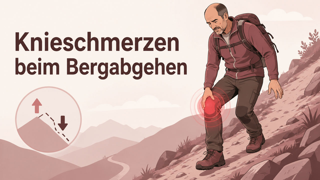 Grafische Illustration eines Mannes mit Knieschmerzen beim Bergabgehen auf einem Bergweg