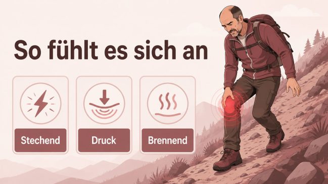 Illustration eines Wanderers mit schmerzendem Knie beim Abstieg neben Symbolen für stechenden, drückenden und brennenden Schmerz