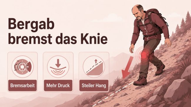 Wanderer auf steilem Gefälle mit markiertem Knie, Abwärtspfeil und Symbolen für Bremsarbeit, Druck und Hangneigung
