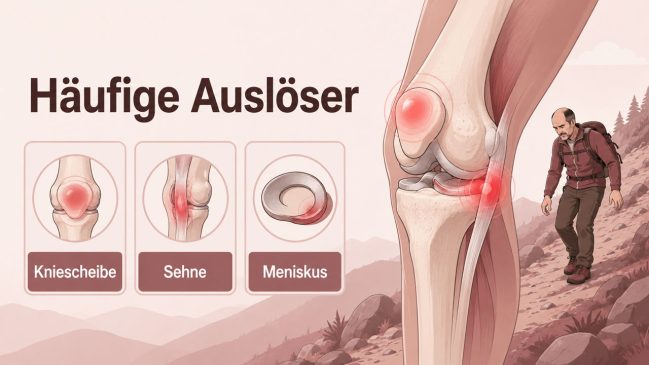 Anatomische Darstellung eines Knies mit rot markierter Kniescheibe, Sehne und Meniskus neben einem Wanderer