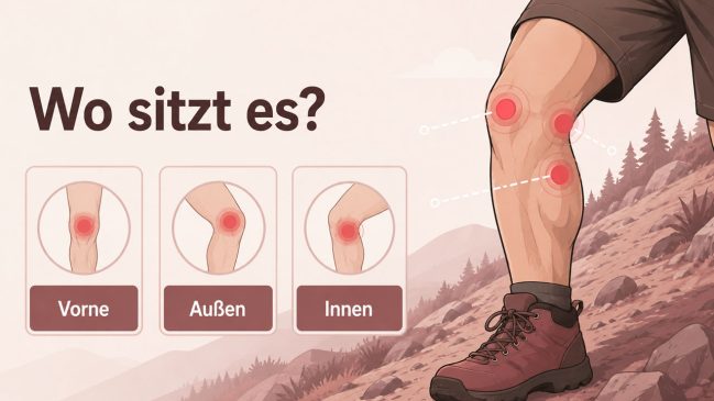 Nahansicht eines angewinkelten Beins mit roten Schmerzmarkierungen vorne, außen und innen am Knie