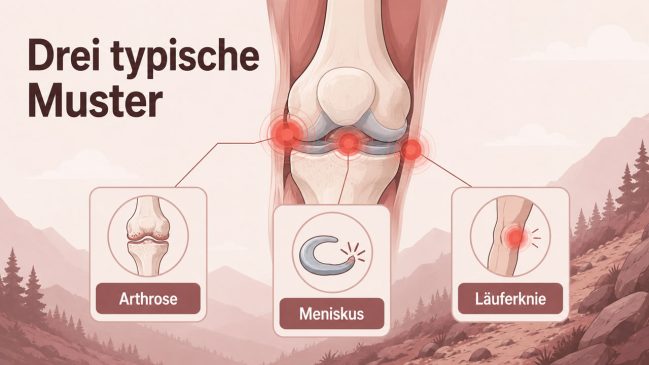 Anatomische Kniegrafik mit drei markierten Gelenkbereichen und Karten zu Arthrose, Meniskus und Läuferknie