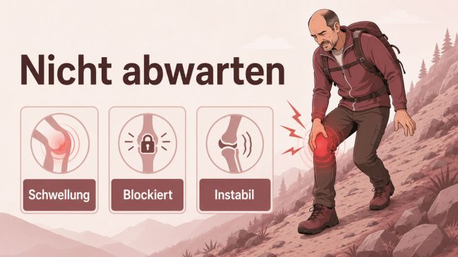 Illustration eines Wanderers mit akut schmerzendem Knie neben Symbolen für Schwellung, Blockierung und Instabilität