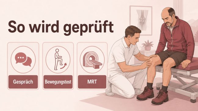Arzt untersucht das Knie eines sitzenden Wanderers neben Symbolen für Gespräch, Bewegungstest und MRT
