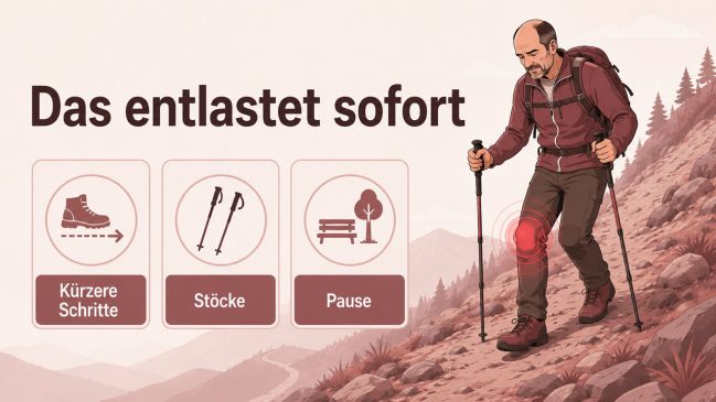 Wanderer steigt mit zwei Stöcken bergab neben Symbolen für kürzere Schritte, Wanderstöcke und Pause