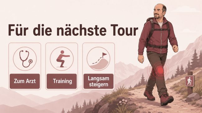 Wanderer geht auf einem Bergweg neben Symbolen für Arztbesuch, Training und langsame Belastungssteigerung